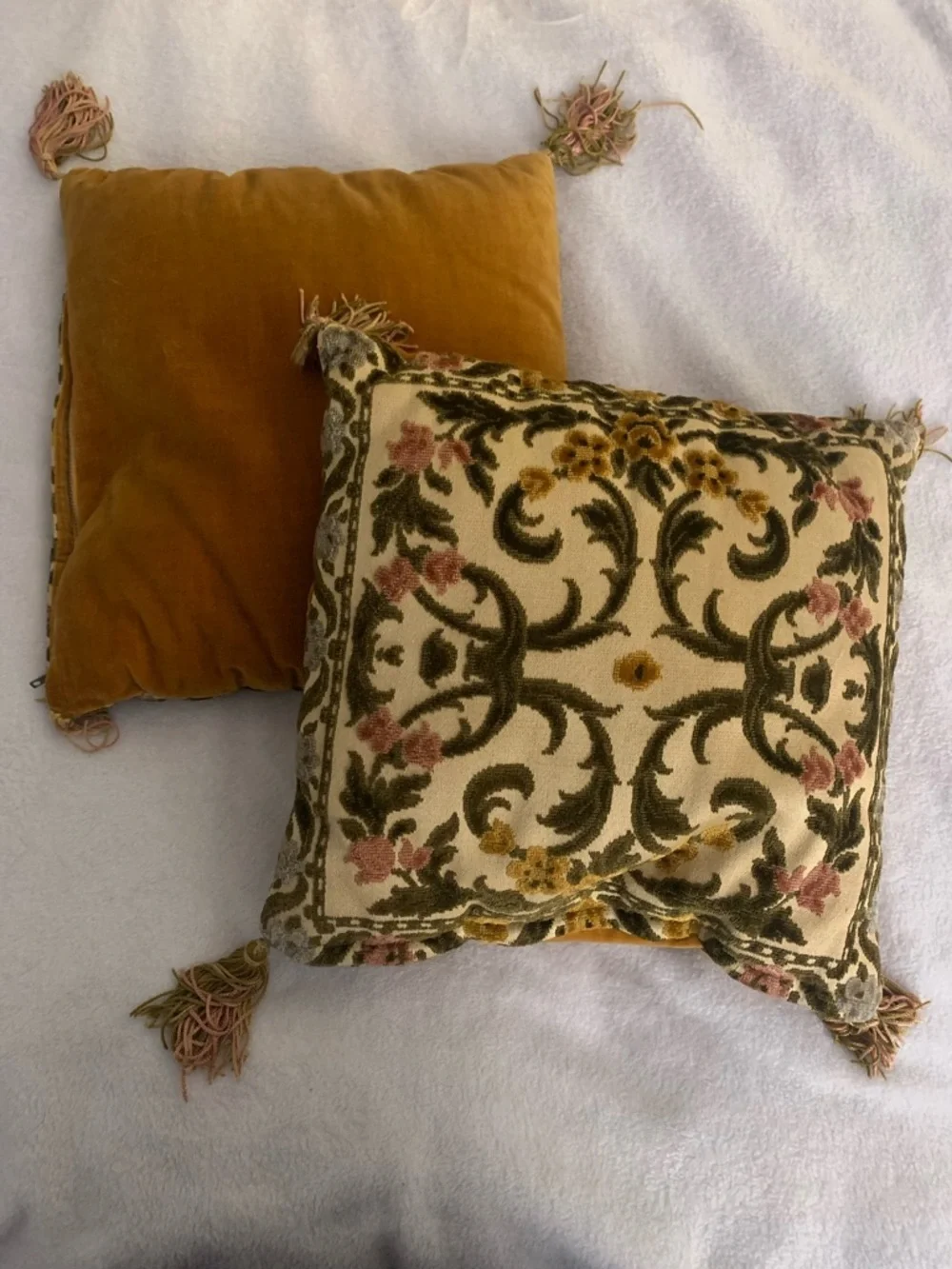 Antique Velvet Damask Floral Throw Pillows with Tassel Trim approx 10 x 10